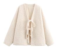 Perbai Damen Strickjacke mit Schnürung vorne und Schleife, flauschige Wollmischung, lange Ärmel, Fledermausärmel, übergroße Winter-Trenchcoats, Beige, Mittel
