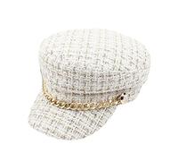 Perfeclan Luxus Tweed Design Goldene Kette Dekoration Armeemützen Damen Ballonmütze Elegante Dicke Plaid Achteckiger Hut, Weiß
