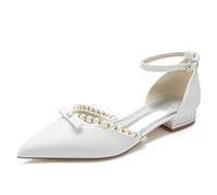 Perle Flache Kleid Schuhe mit Knöchelriemen Brautschuhe Bequeme Glitzer Ballerinas Spitze Pumps, Weiß/Silber/Champagner,Weiß,38 EU