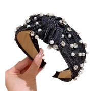 Perlen Stirnband mit Knoten Breites blaues Jeans-Stirnband mit Kreuzknoten, for Damen, persönliches Perlen-Strass-Haarband, Vintage-Haarband(Black hairband)