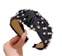 Perlen Stirnband mit Knoten Breites blaues Jeans-Stirnband mit Kreuzknoten, for Damen, persönliches Perlen-Strass-Haarband, Lünetten-Accessoires(Black)