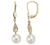 Perlenohrringe JOBO, gelb (gelbgold 585), Ohrringe, Damen, P1 = bei 10-facher Vergrößerung erkennbare Einschlüsse, Diamanten Gelbgold 585 Perlen, Diamanten, Gelbgold 585, Perlen, 585 Gold mit 2 Diaman