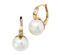 Perlenohrringe JOBO, gelb (gelbgold 585), Ohrringe, Damen, SI = kleine Einschlüsse, Diamanten Gelbgold 585 Perlen, Diamanten, Gelbgold 585, Perlen, 585 Gold mit 2 Diamanten und Süßwasser-Zuchtperlen (