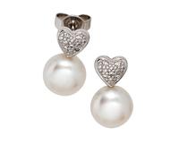 Perlenohrringe JOBO "Herz-Ohrringe mit 2 Perlen und 10 Diamanten", weiß (weißgold 585), Ohrringe, Damen, P1 = bei 10-facher Vergrößerung erkennbare Einschlüsse, Diamanten Perlen Weißgold 585, Diamante