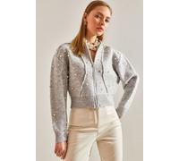 Perlenverzierten Reißverschluss-Crop-Cardigan S/M