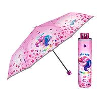 PERLETTI Einhorn Kinder Regenschirm Mädchen - Rosa Pink Unicorn Taschenschirm Minischirm Kinderschirm - Regenschirm Klein Windfest mit Reflektierendem Rand - 7+ Jahren - Durchm 91 cm (Bunte Sterne)