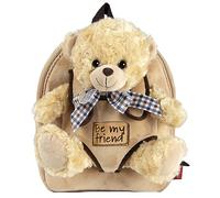 PERLETTI Kuscheltier Teddybär Rucksack für Kinder - Pluschbär Weich Flauschig und Kindergarten Schultasche mit Tasche für Plüsch Tier - Baby 3 4 5 Jahren Kindertasche 27x21x9 cm (Beige Bär mit Bogen)