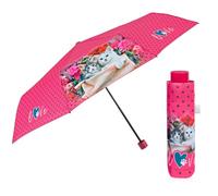 PERLETTI Regenschirm Kompakt Handtasche für Damen - Taschenschirm Manuell für Frauen Mädchen - Damenschirm Regen Schirm Sturmfest Leicht Mini - Durchmesser 97 cm (Rosa mit Katzen)