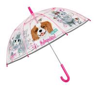 PERLETTI Regenschirm Transparent Rosa für Kinder - Kinderschirm Reflektierend Durchsichtig für Kleine Mädchen 3 4 5 Jahre - Sicher Kinderregenschirm Kindergarten Kleinkind - Durchm 64 cm (Haustiere)