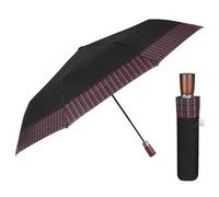 PERLETTI Schwarzer Regenschirm Herren Automatik mit Tartan Rand - Windsicher Taschenschirm Schottenkaro mit Holzgriff - Herrenschirm Sturmfest Winddicht - Durchmesser 96 cm (Roter Tartan Rand)