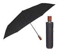 PERLETTI Schwarzer Regenschirm Herren Automatik Tartan Motif - Windsicher Taschenschirm Schottenmuster mit Holzgriff - Herrenschirm Leicht Sturmfest Winddicht - Durchmesser 96 cm (Blauer Streifen)