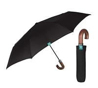 PERLETTI Schwarzer Taschenschirm Herren mit Holzgriff - Regenschirm Automatisch mit Gebogenem Griff - Herrenschirm Schirm Sturmfest Winddicht Leicht Kompakt - Durchmesser 96 cm (Gebogener Holzgriff)