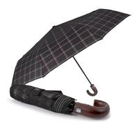 PERLETTI Taschenschirm Herren mit Gebogenem Holzgriff und Auf Zu Automatik - Schottenkaro Schirm Herrenschirm Sturmfest - Tartan Regenschirm Klappbar Faltbar - Durchmesser 104 cm (Schwarz Rot)