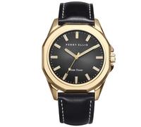 Perry Ellis Solarbetriebene Herren-Armbanduhr, veganes Leder, wasserabweisend, analoge Armbanduhr für Herren, 42 mm Gehäuse, elegantes Geschenk für Herren, Gold, Kleid