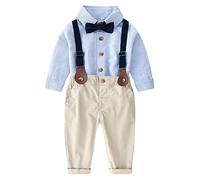 Petalum 4tlg Baby Jungen Bekleidungsset Taufanzug Langarmshirt + Fliege + Hoseträger + lange Hose Gentleman Anzug Taufbekleidung für Festliche Hochzeit Hellblau 9-12 Monate