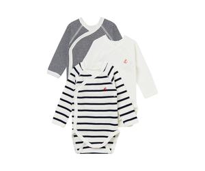 Petit Bateau 3er-Pack Wickelbodys langarm Uni Ringel Streifen 62