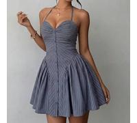 Petite grau gestreifter Camisole-Minirock, plissiertes Design vorne, Knopfdetail vorne, A-Linien Minirock, Reißverschluss hinten, süß eleganter Modest