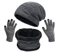 Petrunup Mütze Handschuh und Schal Set Herren, 3Pcs Winter Beany Mütze Snood und Touchscreen-Handschuhe mit Fleecefutter, Grau