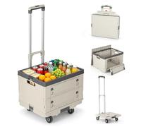 Peviasot Einkaufstrolley klappbar 48L, Faltbarer Transporttrolley mit Teleskopgriff, 3-in-1 Einkaufswagen mit Rollen, Aufbewahrungskiste, bis 60 kg, für Einkaufen, Picknick, Büro, Beige