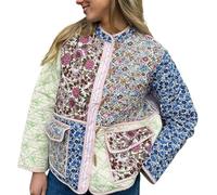PFHHUDCV Women Floral Cropped Quilted Jacket,Open Front Button Down Patchwork Padded Jacket,Lightweight Coat Cardigan