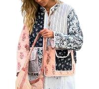 PFHHUDCV Women Floral Cropped Quilted Jacket,Open Front Button Down Patchwork Padded Jacket,Lightweight Coat Cardigan