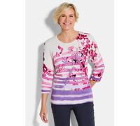Rundhalspullover GOLDNER "Kurzgröße Florales Viskoseshirt mit Streifen", Damen, Gr. 22, rosa (rosé, gemustert), Obermaterial: 72% Viskose CV. 28% Polyamid PA., gerade, Pullover Rundhalspullover, Hauts