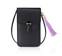 PFLYPF 1 x Kartenhalter und 1 x Quasten-Anhänger, modische Messenger Bag, Retro-Umhängetasche, Touchscreen-Handytasche, kleine Geldbörse, Damen (schwarz), Schwarz