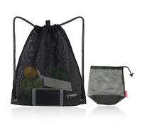 PFLYPF 1 x Netzrucksack mit Kordelzug und 1 x Netzbeutel mit Kordelzug, Rucksack mit Kordelzug, Tasche mit Kordelzug, Rucksack mit verstellbarem Riemen, Strand-Netz-Aufbewahrungstasche (schwarz)