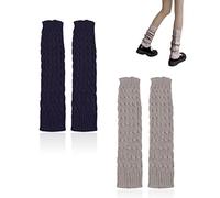 PFLYPF 2 Paar Gestrickte Beinlinge, Damenbeinlinge, KniestrüMpfe Mit Hohem Bein, Warme und Lange Damenbeinlinge Dienen Zum Warmhalten und SchüTzen Der Beine (Marineblau + Hellgrau)