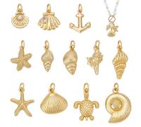 PH PandaHall 12 Stk. Ozean-Thema Anhänger 18K Goldplatierte Strand Muschel Schmuck Sommer Messing Ozean Tier Anhänger Für Armreif Schmuckherstellung 16~25mm