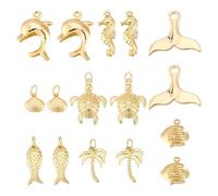 PH PandaHall 18K vergoldet Ozean Tier Anhänger 16 Stück 8 Stile Meeresleben Anhänger Ozean Fisch Muschel Charm Seepferdchen Schildkröte Delfin Charm Sommer Strandanhänger für Halskette Ohrring DIY