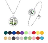 PH PandaHall 2pcs Ätherisches Öl Diffusor Armband Halskette Set, Baum des Lebens Edelstahl-Anhänger Einstellbare Aromatherapie Locket-Schmuck mit 20 zufälligen Farbe Refill Pad für Frauen Mom Geschenk