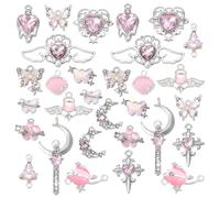 PH PandaHall 30pcs Gotische Charm Anhänger Rosa Kristall Charms 15 Stile Schmetterling Herz Mond Kreuz Legierung Anhänger für Halskette Armband Ohrring Schmuck Herstellung