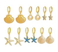 PH PandaHall 6 Stil 18K Vergoldete Huggie Ohrringe 6 Paar Seestern Muschel Ohrringe Mit Perle Micro Pavé Zirkoniaohrringe Emaille Seestern Hängeohrringe Für Valentinstag Weihnachten Und Muttertag