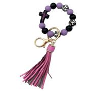 Phamines Silikon-Perlenarmband mit Jesus-Kreuz, Leder-Quaste, Schlüsselanhänger, Armband, Damen, Violettes Kreuz, Einheitsgröße