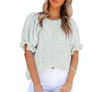 PHARAH Bluse Damen Elegant, Damenbluse Sommer Süßer Blumendruck Rundhals Pullover Blusen Oberteile Elegante Kurze Puffärmel Tunika Oberteile Lockere Boho Strand T-Shirts Für Damen Mädchen,Grün,XXL