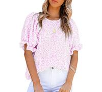 PHARAH Damen Bluse Elegant, Damenbluse Sommer Süß Blumendruck Rundhals Pullover Blusen Oberteile Elegante Kurze Puffärmel Tunika Oberteile Lockere Boho Strand T-Shirts Für Damen Mädchen,Rosa,XXL