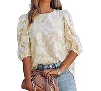 PHARAH Hemd Damen, Damen Bluse Sommer Süße Blumen Jacquard Rundhalsausschnitt Chiffon Blusen Tops Elegante Puffärmel Tunika Tops Solide Lose Mode Arbeitsblusen T-Shirts Für Damen Mädchen,Apricot,XL