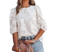 PHARAH Hemd Damen, Damen Bluse Sommer Süße Blumen Jacquard Rundhalsausschnitt Chiffon Blusen Tops Elegante Puffärmel Tunika Tops Solide Lose Mode Arbeitsblusen T-Shirts Für Damen Mädchen,Weiß,L