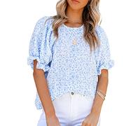 PHARAH Hemd Damen, Damenbluse Sommer Süß Blumendruck Rundhals Pullover Blusen Oberteile Elegante Kurze Puffärmel Tunika Oberteile Lockere Boho Strand T-Shirts Für Damen Mädchen,Hellblau,XL