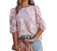 PHARAH Hemd Damen, Damenbluse Sommer Süße Blumen Jacquard Rundhalsausschnitt Chiffon Blusen Tops Elegante Puffärmel Tunika Tops Solide Lose Mode Arbeitsblusen T-Shirts Für Damen Mädchen,Lila,S