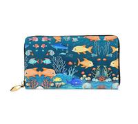 PHAYAH Blue Underwater World Of Fish Pattern Damen Geldbörse Lange Clutch Reißverschluss Rund Reise Leder Geldbörse Große Kapazität Kreditkartenetui