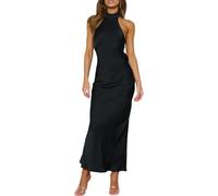 Phicia Elegantes Maxikleid aus Satin mit Neckholder und Rückenausschnitt für Damen - Rückenfrei mit Schleife, Cowl-Back, ideal als festliches Sommerkleid oder Hochzeitsgast-Outfit, Schwarz, Klein