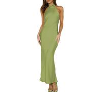 Phicia Elegantes Maxikleid aus Satin mit Neckholder und Rückenausschnitt für Damen - Rückenfrei mit Schleife, Cowl-Back, ideal als festliches Sommerkleid oder Hochzeitsgast-Outfit, Oliv/Blatt für mich