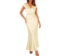 Phicia Maxikleid für Damen, Sommer, Satin, Hochzeit, Gäste, V-Ausschnitt, Flügelärmel, Maxikleid
