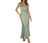 Phicia Maxikleid für Damen, Sommer, Satin, Hochzeit, Gäste, V-Ausschnitt, Flügelärmel, Maxikleid
