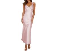 Phicia Sommerkleid, Satin, Spaghettiträger, V-Ausschnitt, Midi-Kleider für Damen, Hochzeitsgäste, elegante Blume, rückenfrei, Cocktailkleid, formelles Kleid, Pink, Mittel