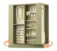 pickpiff Schmuckkästchen Organizer für Frauen: 360 Grad drehbare vertikale Aufbewahrungsbox, schwarzes Leder mit Rouge-Samt, Ring-Halskette, Armbandhalter, Geschenk-Dekor, 25,4 x 22,1 x 9,9 cm