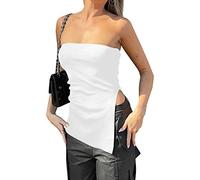 PICPUNMAK Damen trägerloses ärmelloses Schlauch-Oberteil, unregelmäßiger Seitenschlitz, Bandeau-Top, sexy, einfarbig, schulterfrei, Tank-Weste, Bustier, Weiss/opulenter Garten, Klein