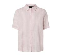 Hemdbluse PIECES "PCSTINNA SS SHIRT WVN NOOS BC", Damen, Gr. XL, roseate spoonbill stripes:hellweiß, Web, Obermaterial: 100% Baumwolle, gestreift, bequem normal, Blusen Hemdbluse, mit Streifenmuster (
